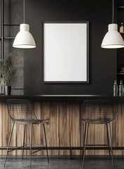 Dark Modern Bar Interior With Empty Frame And Metal Stools