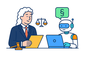 Lawyer consulting with a robot assistant in a modern legal office during a busy workday
