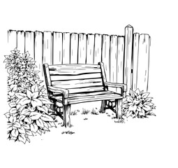 Tranquil Bench in a Garden: A beautifully rendered illustration of a wooden bench nestled in a serene garden, surrounded by lush plants and a rustic fence.