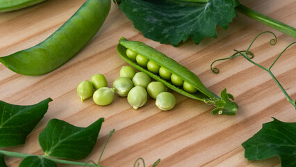 Fresh green peas with pods and leaves of the plant lying on rustic brown wood