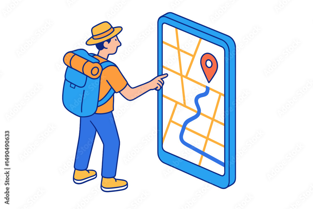 Poster hiker using smartphone with map navigation to explore new hiking trails in nature