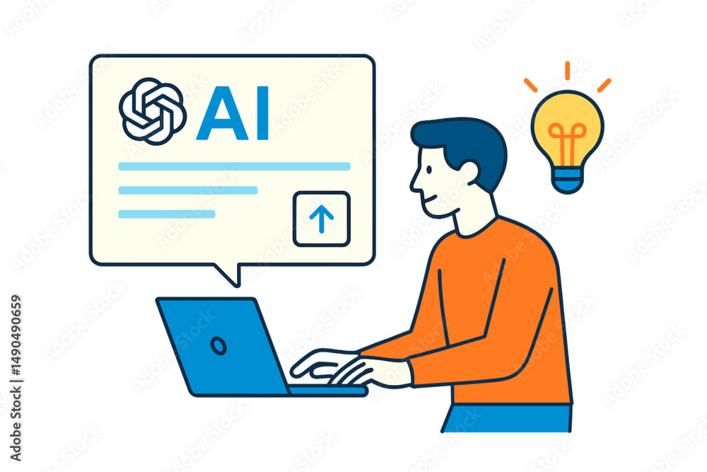 Poster vector illustration of a person using a laptop to explore ai concepts with a lightbulb representing 