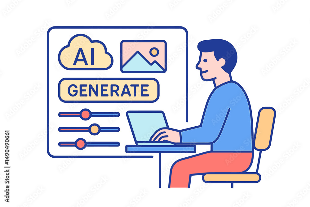 Poster person using a laptop to generate artificial intelligence images with options displayed on a screen