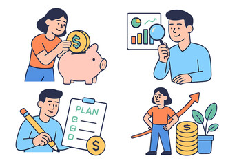 Budgeting and financial planning activities illustrated in a vector art style for personal finance education
