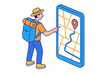 Hiker using smartphone with map navigation to explore new hiking trails in nature