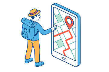 Hiker using smartphone with map navigation in a creative vector illustration for outdoor adventure enthusiasts