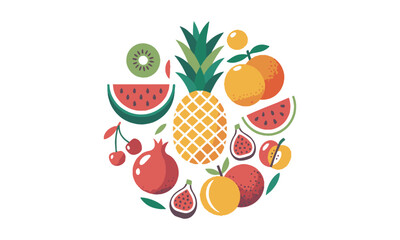 A colorful modern vector illustration of a variety of fruits in a flat, easily scalable and editable.