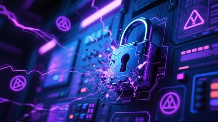 Fototapeta premium Glowing digital padlock with cracked screen symbolizing cybersecurity vulnerability and data breach risk, concept of online safety and digital protection.