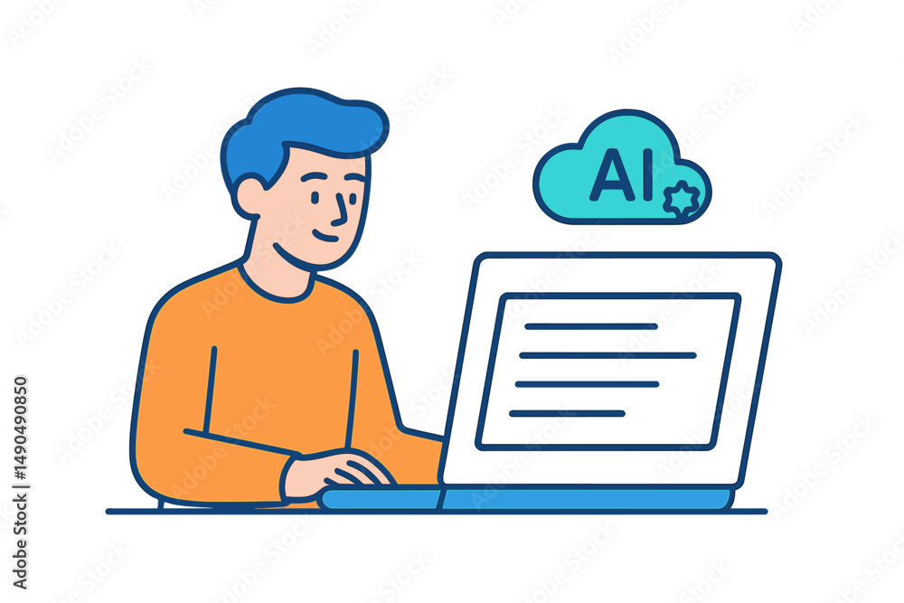 Poster vector illustration of a person using a laptop to engage with artificial intelligence technology in 