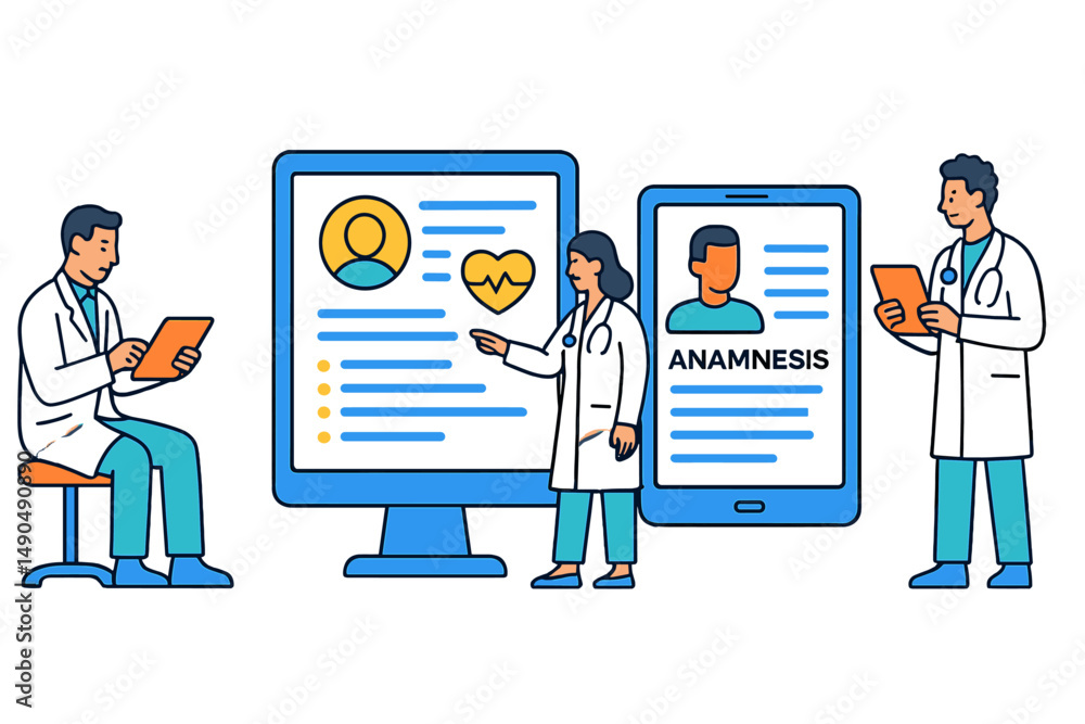 Aufkleber vector illustration of doctors using digital devices for patient data management in a modern healthc