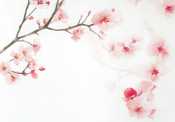 Fototapeta premium Delicate Pink Flowers On Branch Watercolor Style White Background