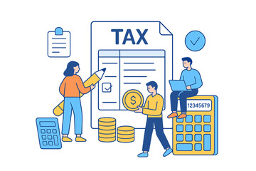 Vector illustration of people working on tax preparation in a modern office environment during the daytime