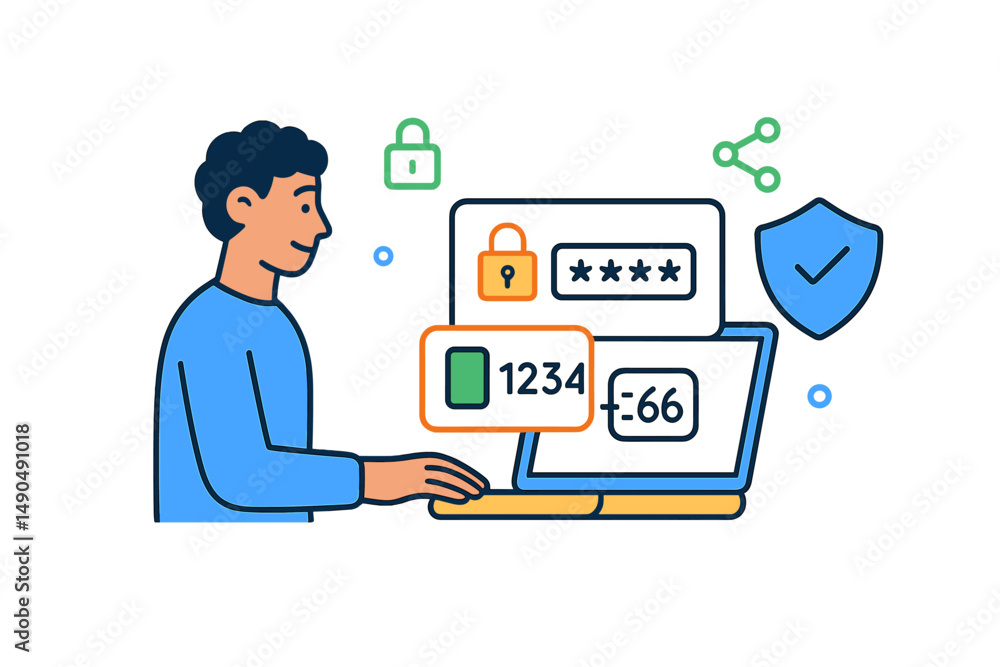 Poster secure online transaction with user entering information on laptop with security icons present