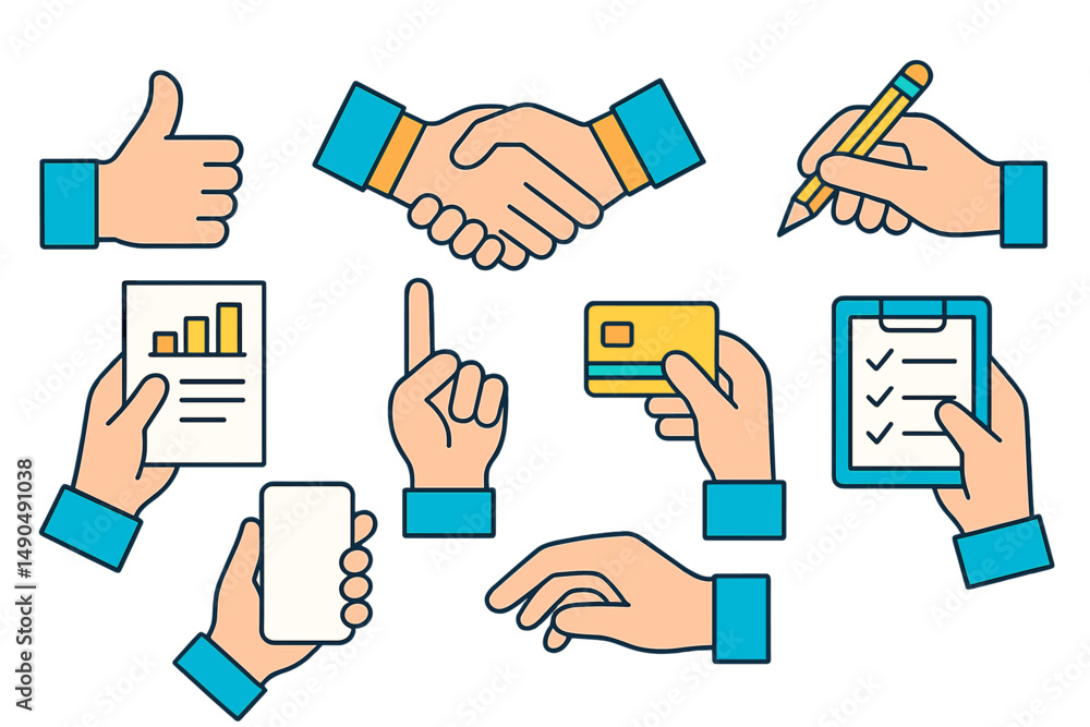 Poster collaboration and business activities illustrated through vector designs featuring various hand gest