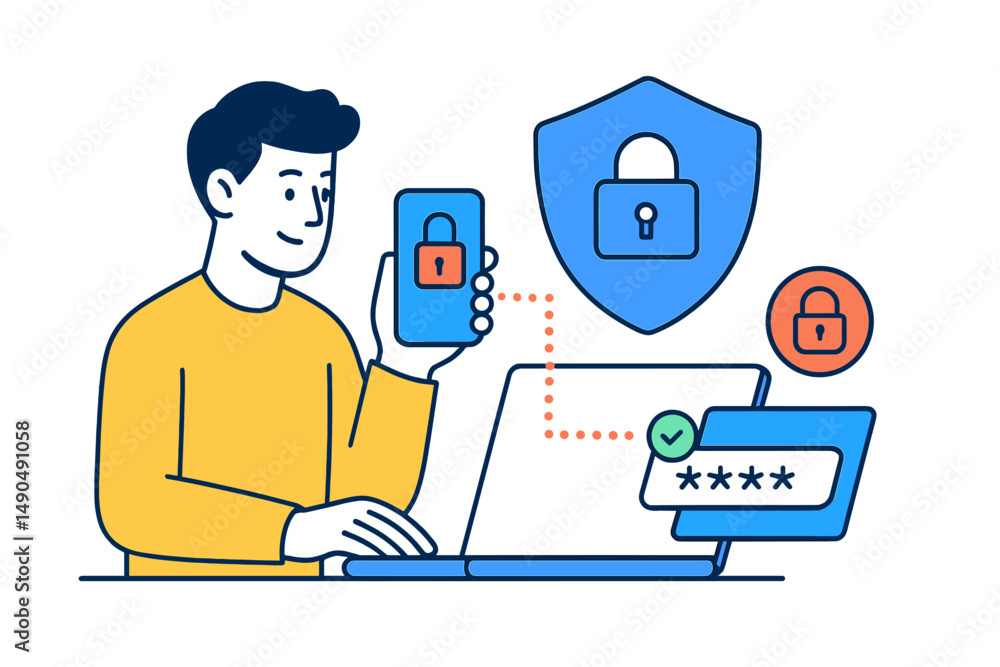 Poster vector illustration of a person using a smartphone and laptop with security elements for digital pro