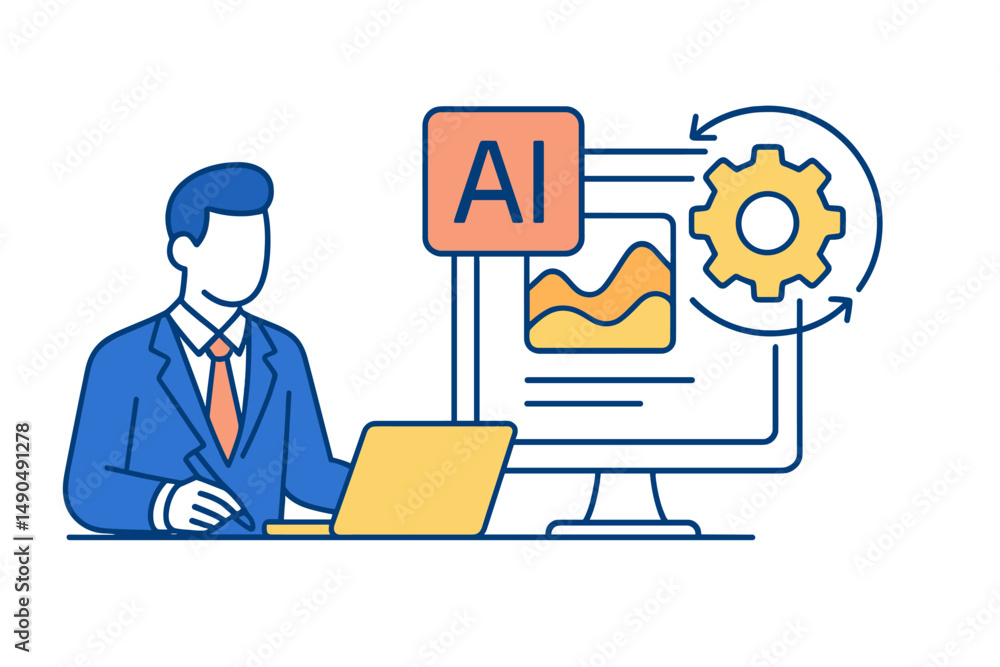 Poster professional in a suit working on artificial intelligence project with computer and graphics