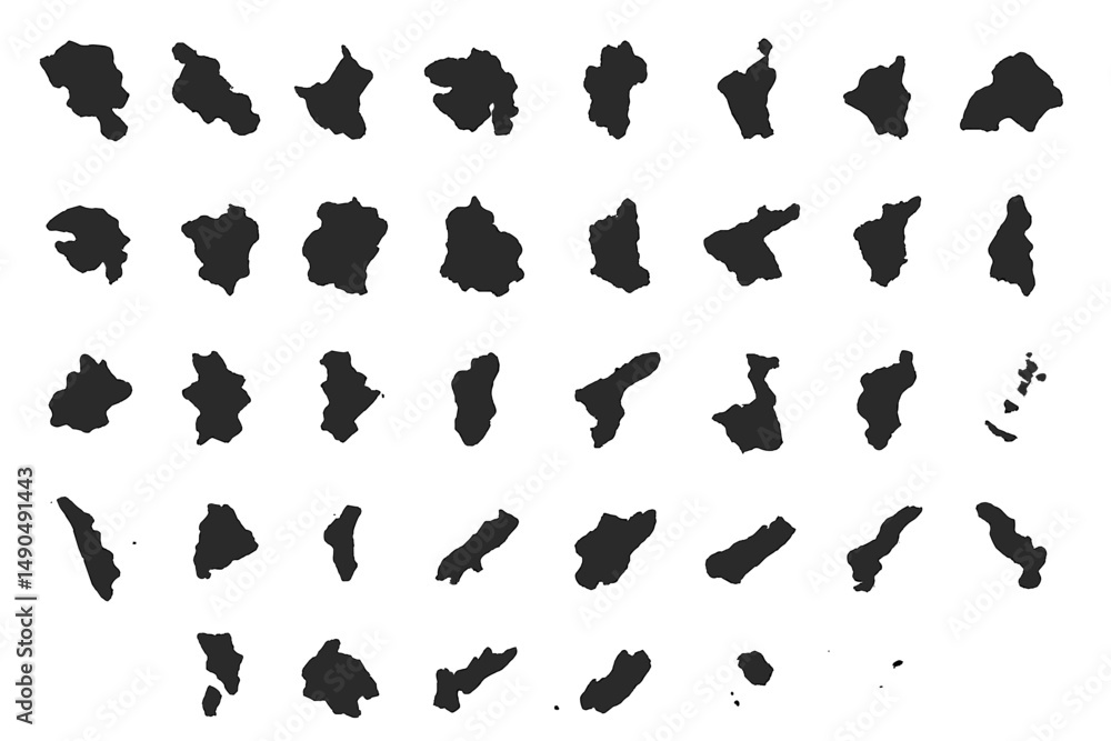 Poster unique vector illustrations of diverse island shapes arranged in a grid pattern for creative design 