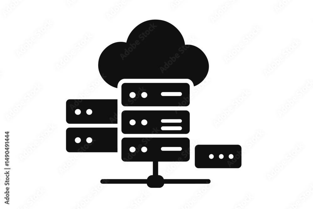 Poster cloud computing concept with server stacks and cloud symbol illustrating data storage and online acc