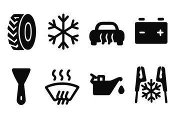 Vector illustration featuring winter car maintenance tools and symbols for safe driving in cold weather