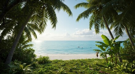 Fototapeta premium Tropical Beach Paradise: Lush Green Palm Trees Frame a Pristine White Sand Beach and Azure Ocean