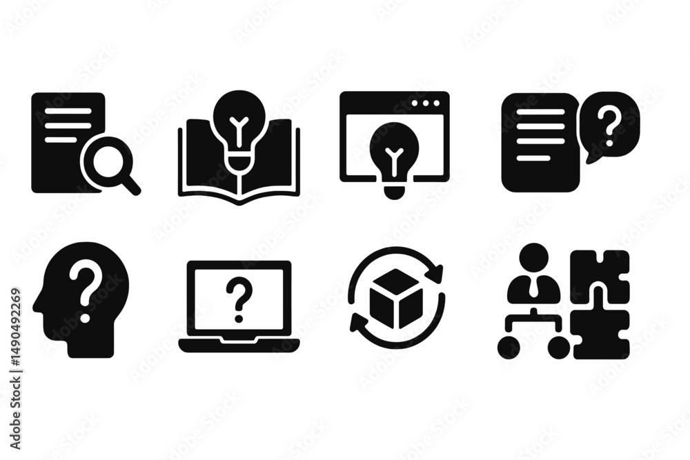 Poster vector illustration featuring various icons representing ideas, technology, and problem solving in a