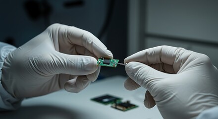 Assembling Microchip by Human Hands Wearing Gloves