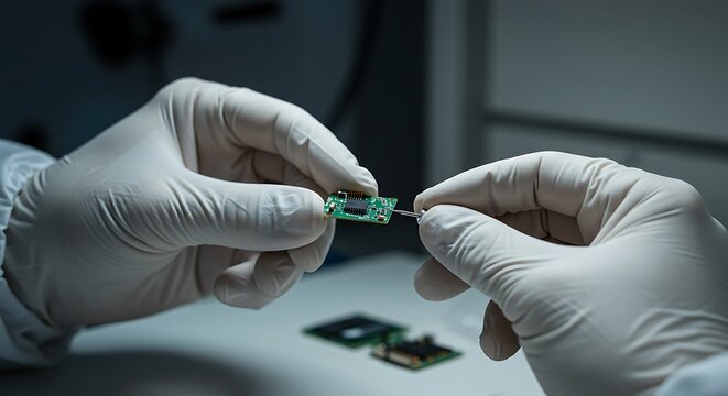 Assembling Microchip by Human Hands Wearing Gloves