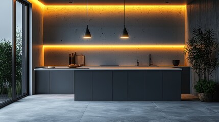 Modern Kitchen Design, Sleek Island, Warm Lighting, Concrete Walls