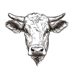 Detailed Ink Drawing Of A Cow's Head On A White Background