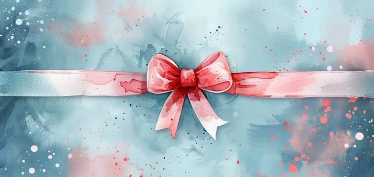 A watercolor ribbon with a pink bow is tied across a soft blue and pink splattered background.