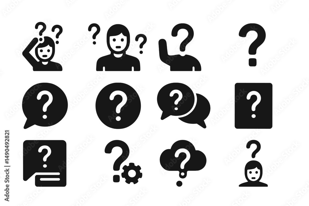 Poster diverse vector illustrations featuring people with question marks in various poses and actions