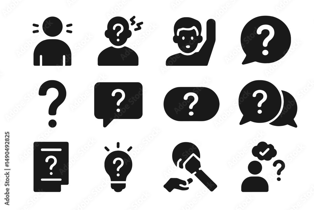 Poster vector illustration featuring various human figures and question marks expressing curiosity and comm