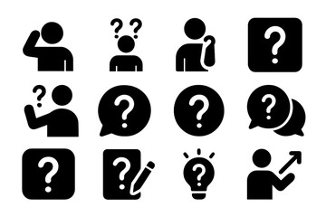 Collection of vector illustrations depicting various human expressions of confusion and curiosity in simple black and white style