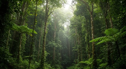 Obraz premium Lush Green Rainforest With Sunlight Beams