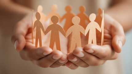 Hands gently holding a paper chain of people, symbolizing unity, support, and community.