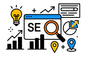 Vector illustration of digital marketing concepts featuring SEO, analytics, and growth strategies for online visibility