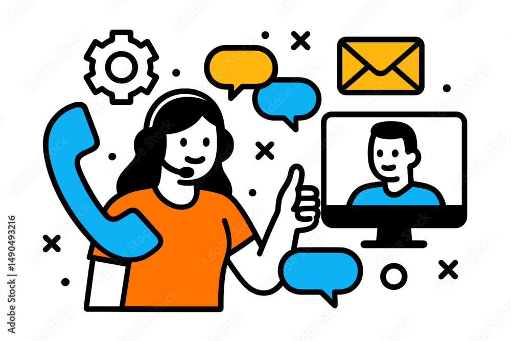 Poster customer support representative engaging efficiently through phone and video chat in a modern office