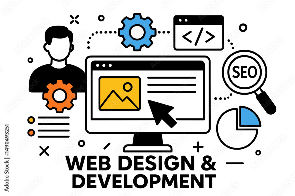 Poster creative vector illustration depicting web design and development concepts with various digital elem