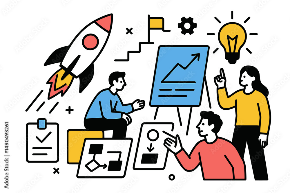Poster team brainstorming ideas for a startup project using vector illustration in a creative workspace env