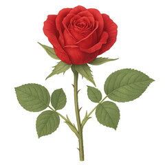 A detailed illustration of a single red rose with green leaves on a transparent background, concept for botanical illustration, floral design, and greeting cards