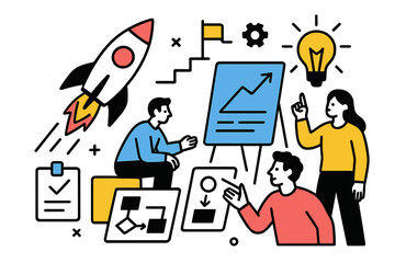Team brainstorming ideas for a startup project using vector illustration in a creative workspace environment