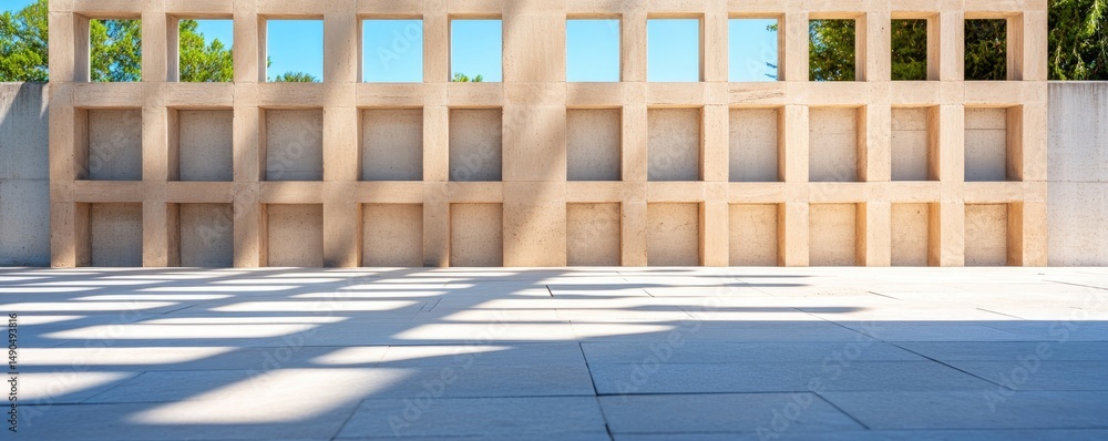 Aufkleber geometric architecture with sunlight and shadows on pavement patterned wall background