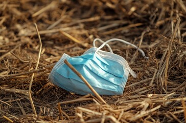 Discarded Light Blue Face Mask In Dry Brown Grass