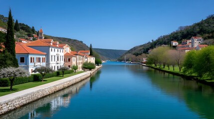 Fototapeta premium Serene river flowing through a quaint village