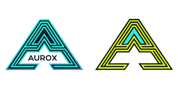 Bold futuristic AUROX logo with angular, layered letter &ldquo;A&rdquo; design in vibrant electric tones, suitable for branding tech startups and digital companies