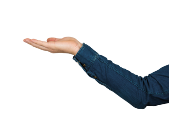 Man arm wearing blue jeans jacket close up like holding something imaginary isolated on transparent background. Open hand palm ready to receive, human gesture
