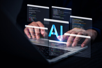 Developer coding AI algorithms on laptop with futuristic transparent UI showing multiple code...