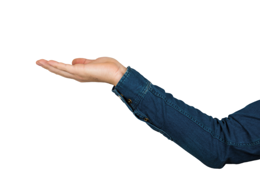 Man arm wearing blue jeans jacket close up like holding something imaginary isolated on transparent background. Open hand palm ready to receive, human gesture