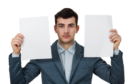 Young businwssman holding two empty paper sheets in both hands isolated on transparent background