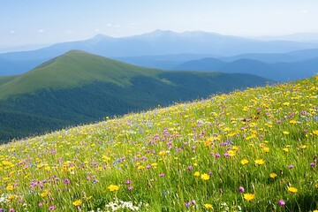 Obraz premium Vibrant Wildflower Meadow in Mountain Range Scenic Summer Landscape